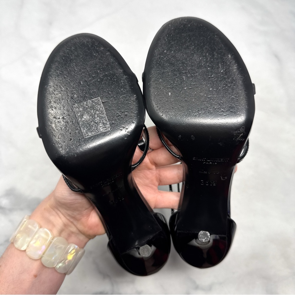 Saint Laurent YSL Cassandra Patent Leather Strappy Sandal Heels Black Gold 36.5 - Picture 12 of 16